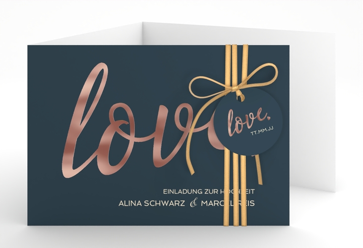 Hochzeitseinladung Glam A6 Doppel-Klappkarte blau rosegold