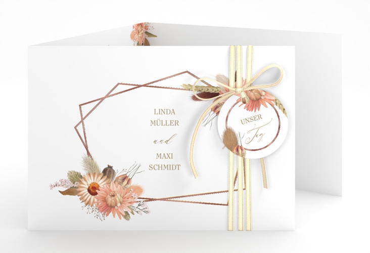 Hochzeitseinladung Strohblume A6 Doppel-Klappkarte weiss rosegold