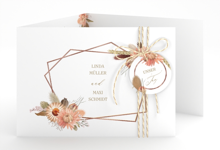 Hochzeitseinladung Strohblume A6 Doppel-Klappkarte weiss rosegold