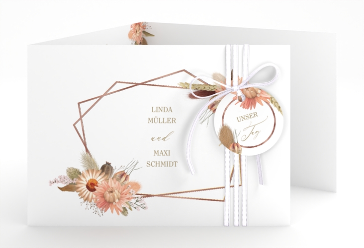 Hochzeitseinladung Strohblume A6 Doppel-Klappkarte weiss rosegold