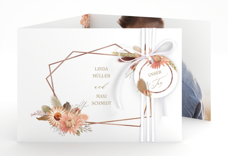 Hochzeitseinladung Strohblume A6 Doppel-Klappkarte weiss rosegold