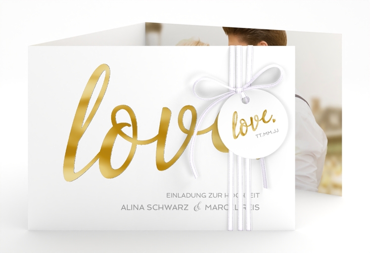 Hochzeitseinladung Glam A6 Doppel-Klappkarte weiss gold