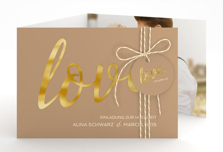 Hochzeitseinladung Glam A6 Doppel-Klappkarte beige gold