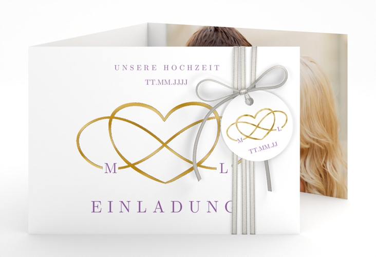 Hochzeitseinladung Infinity A6 Doppel-Klappkarte lila gold