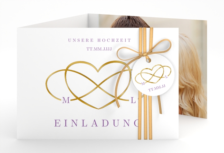 Hochzeitseinladung Infinity A6 Doppel-Klappkarte lila gold