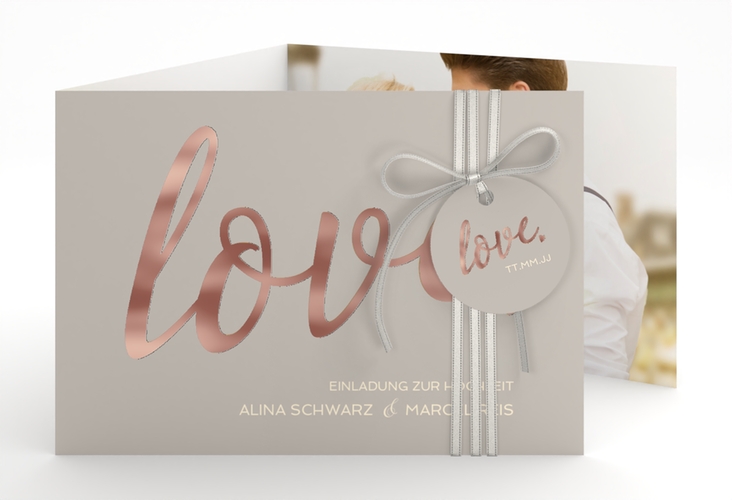 Hochzeitseinladung Glam A6 Doppel-Klappkarte grau rosegold