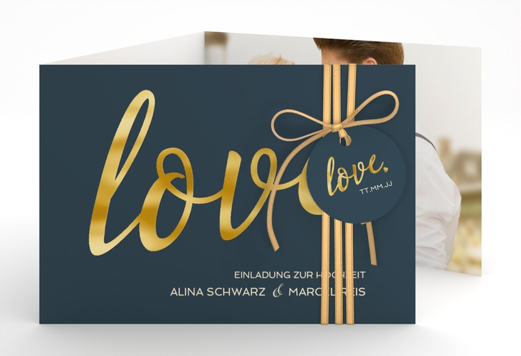 Hochzeitseinladung Glam A6 Doppel-Klappkarte blau gold