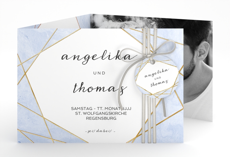 Hochzeitseinladung Asymmetry A6 Doppel-Klappkarte blau gold