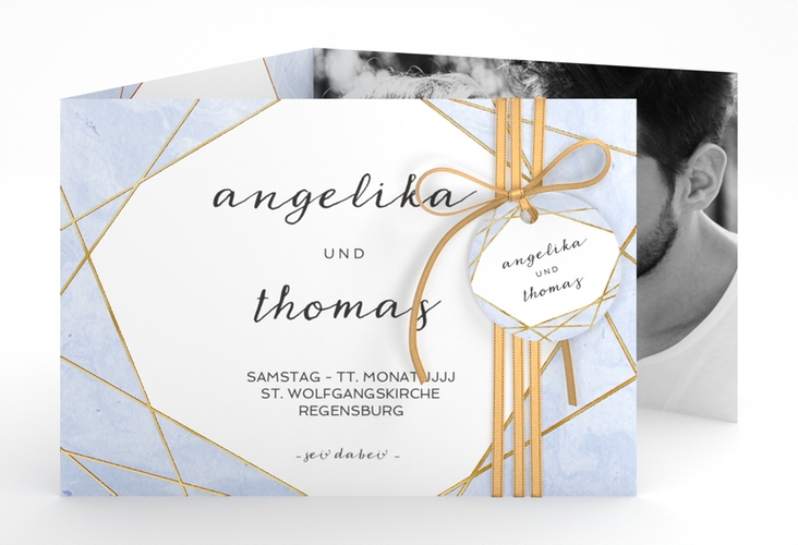 Hochzeitseinladung Asymmetry A6 Doppel-Klappkarte blau gold