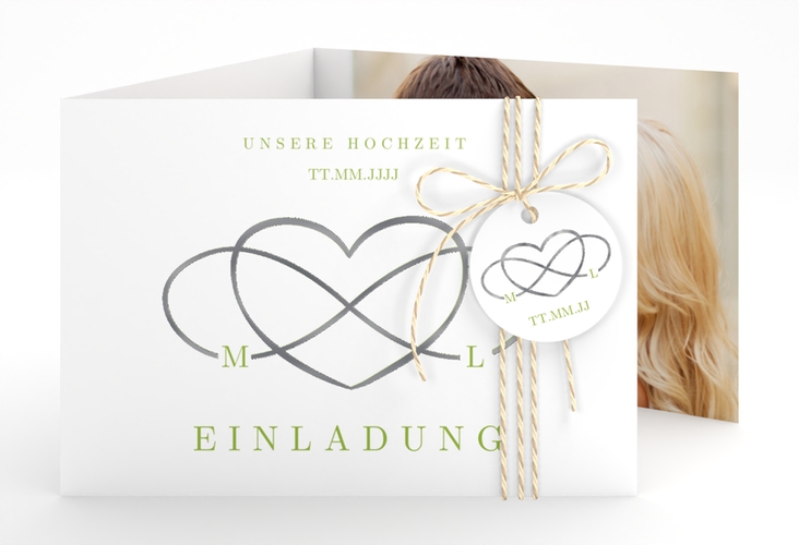 Hochzeitseinladung Infinity A6 Doppel-Klappkarte gruen silber