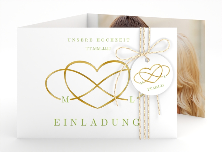 Hochzeitseinladung Infinity A6 Doppel-Klappkarte gruen gold