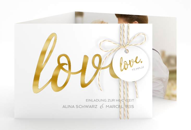 Hochzeitseinladung Glam A6 Doppel-Klappkarte weiss gold