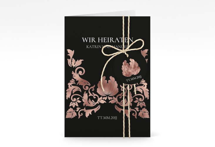 Einladungskarte Hochzeit Royal A6 Klappkarte hoch schwarz rosegold mit barockem Blumen-Ornament