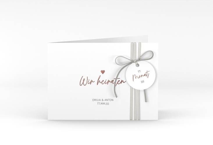 Hochzeitseinladung Herzschlag A6 Klappkarte quer weiss rosegold schlicht und elegant mit Herzchen