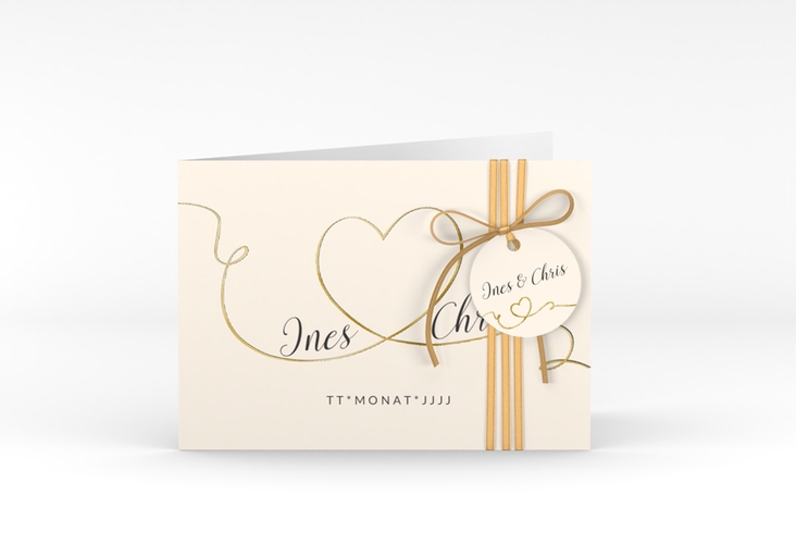 Hochzeitseinladung Dolce A6 Klappkarte quer beige gold