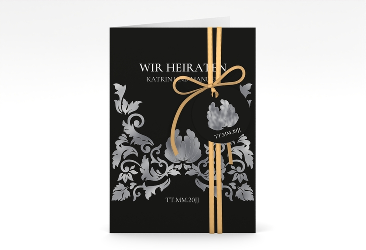 Einladungskarte Hochzeit Royal A6 Klappkarte hoch schwarz silber mit barockem Blumen-Ornament