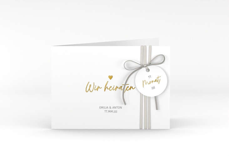 Hochzeitseinladung Herzschlag A6 Klappkarte quer weiss gold schlicht und elegant mit Herzchen