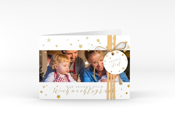 Weihnachtskarte Sternennacht A6 Klappkarte quer weiss gold mit Sternchen und Familienfoto