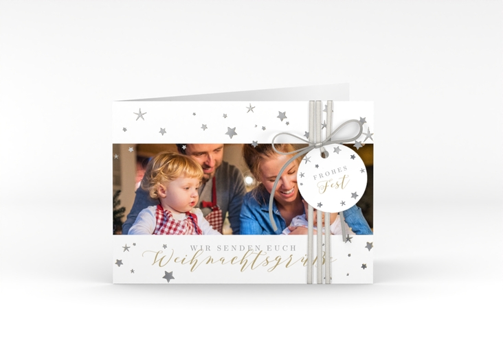 Weihnachtskarte Sternennacht A6 Klappkarte quer weiss silber mit Sternchen und Familienfoto