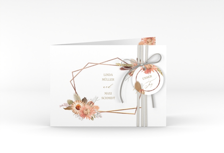 Hochzeitseinladung Strohblume A6 Klappkarte quer weiss rosegold