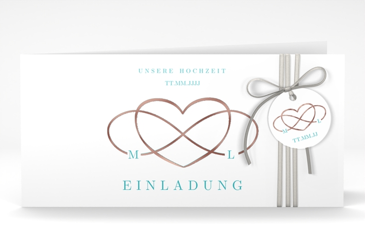 Hochzeitseinladung Infinity lange Klappkarte quer tuerkis rosegold