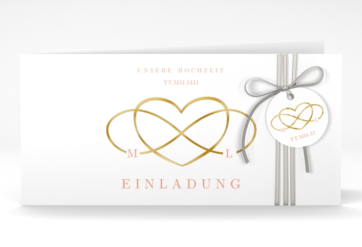 Hochzeitseinladung Infinity lange Klappkarte quer apricot gold