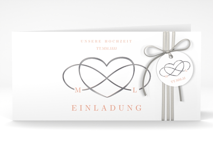 Hochzeitseinladung Infinity lange Klappkarte quer apricot silber