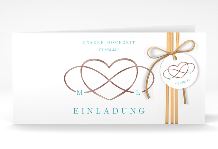 Hochzeitseinladung Infinity lange Klappkarte quer tuerkis rosegold