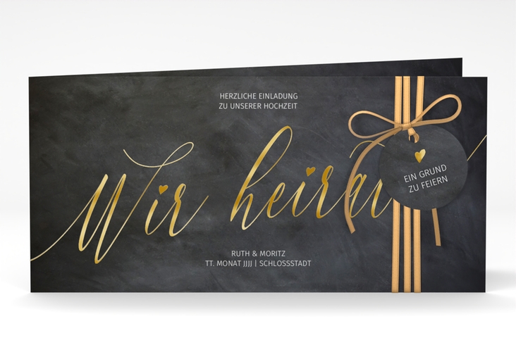 Hochzeitseinladung Chalkboard lange Klappkarte quer schwarz gold mit Folienveredelung