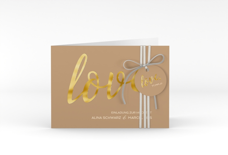 Hochzeitseinladung Glam A6 Klappkarte quer beige gold