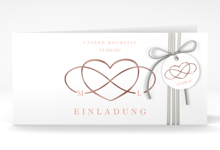 Hochzeitseinladung Infinity lange Klappkarte quer apricot rosegold