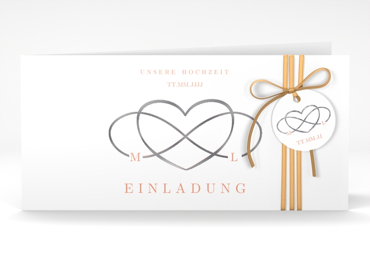 Hochzeitseinladung Infinity lange Klappkarte quer apricot silber