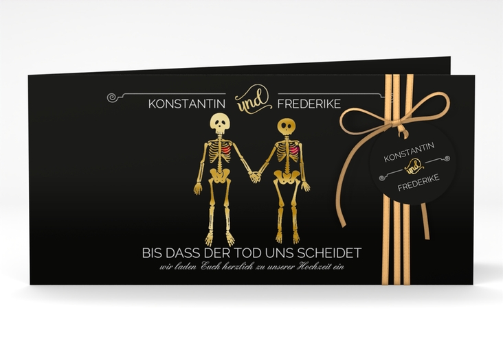 Hochzeitseinladung Bones lange Klappkarte quer schwarz gold