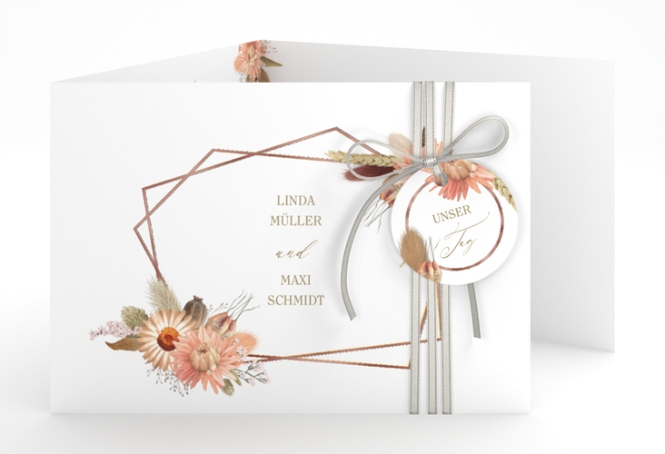 Hochzeitseinladung Strohblume A6 Doppel-Klappkarte weiss rosegold