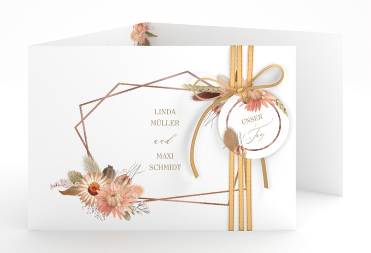 Hochzeitseinladung Strohblume A6 Doppel-Klappkarte weiss rosegold