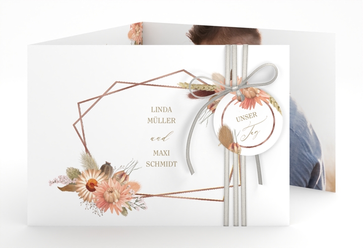 Hochzeitseinladung Strohblume A6 Doppel-Klappkarte weiss rosegold