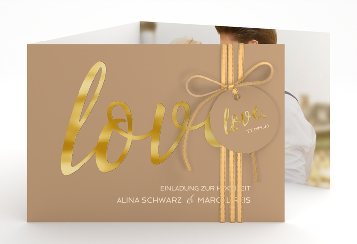 Hochzeitseinladung Glam A6 Doppel-Klappkarte beige gold