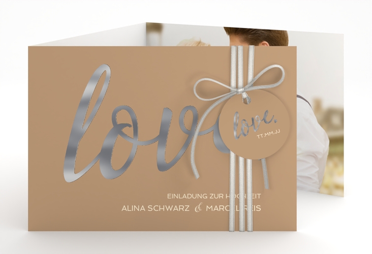 Hochzeitseinladung Glam A6 Doppel-Klappkarte beige silber