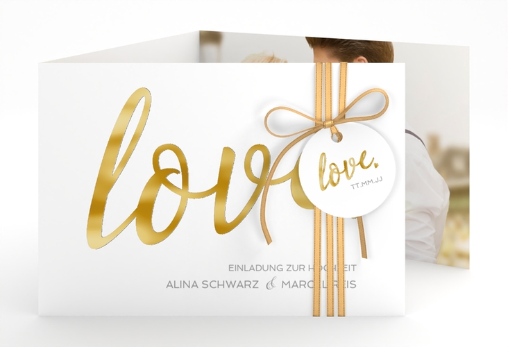 Hochzeitseinladung Glam A6 Doppel-Klappkarte weiss gold