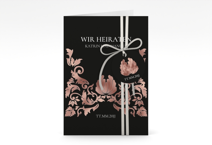 Einladungskarte Hochzeit Royal A6 Klappkarte hoch schwarz rosegold mit barockem Blumen-Ornament