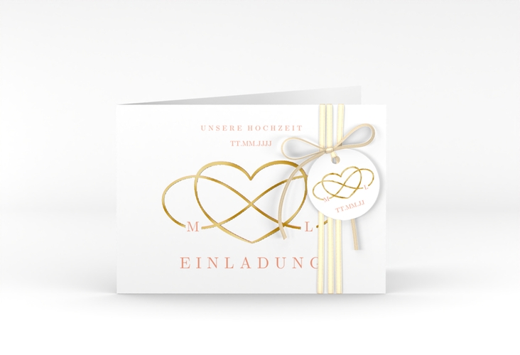 Hochzeitseinladung Infinity A6 Klappkarte quer apricot gold