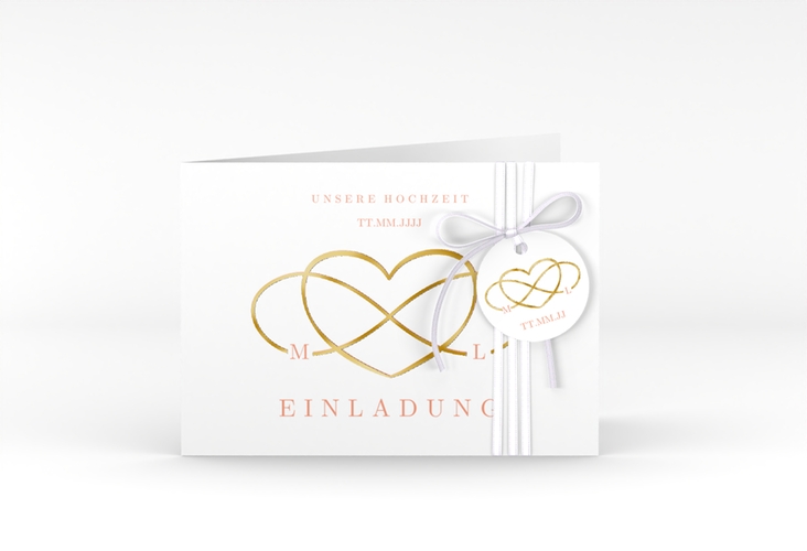 Hochzeitseinladung Infinity A6 Klappkarte quer apricot gold