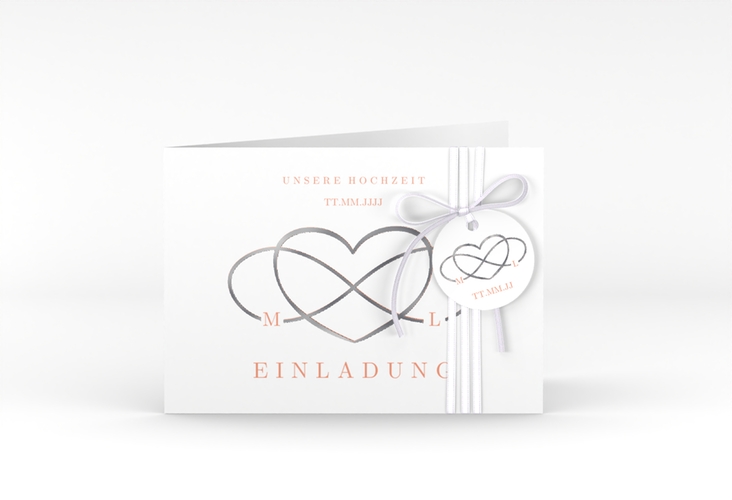 Hochzeitseinladung Infinity A6 Klappkarte quer apricot silber