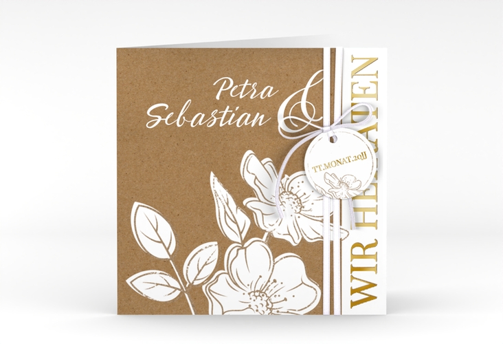 Hochzeitseinladung Windflower quadr. Klappkarte Kraftpapier gold mit Wildrosen