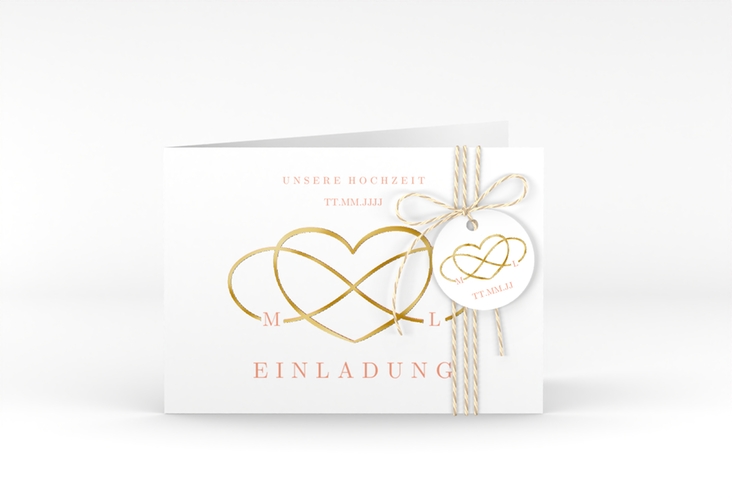 Hochzeitseinladung Infinity A6 Klappkarte quer apricot gold