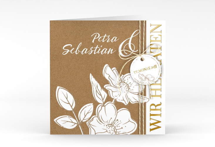 Hochzeitseinladung Windflower quadr. Klappkarte Kraftpapier gold mit Wildrosen