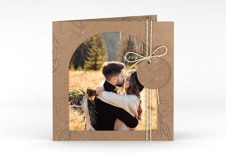 Hochzeitseinladung Alpenblume quadr. Klappkarte Kraftpapier rosegold