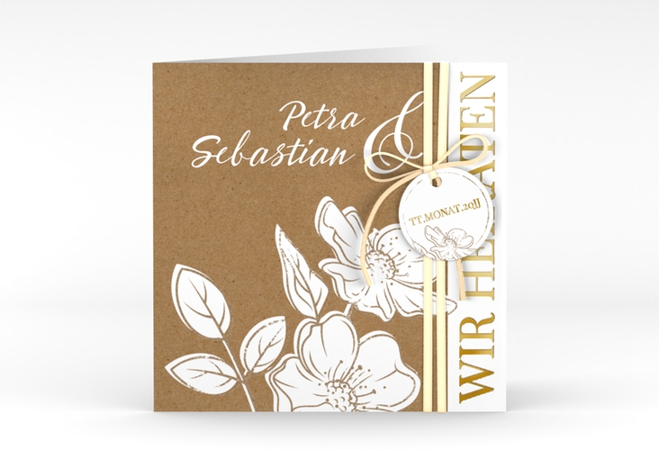 Hochzeitseinladung Windflower quadr. Klappkarte Kraftpapier gold mit Wildrosen