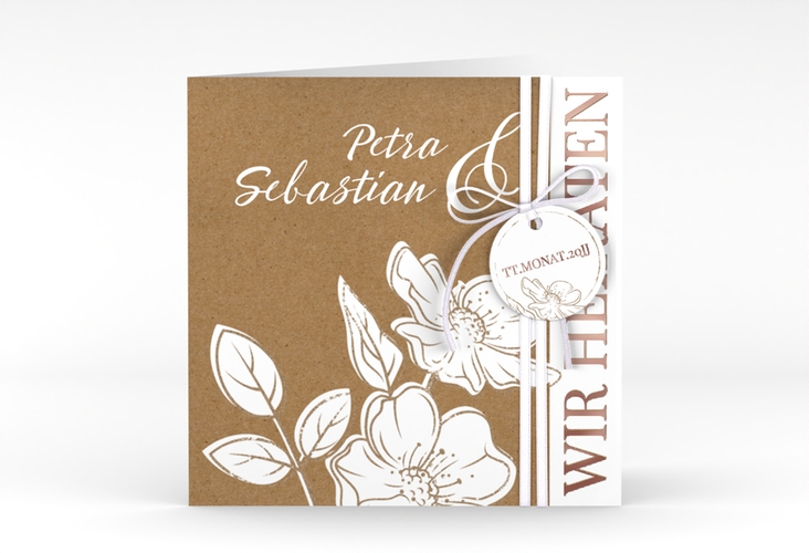 Hochzeitseinladung Windflower quadr. Klappkarte Kraftpapier rosegold mit Wildrosen