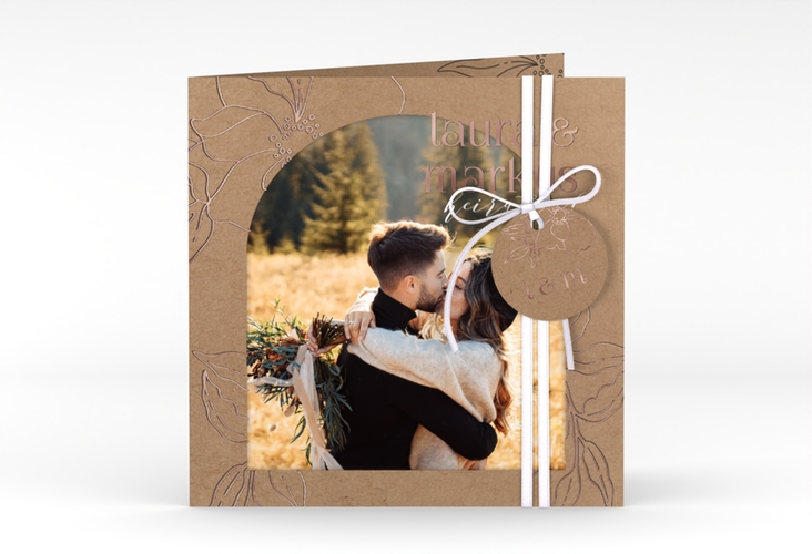 Hochzeitseinladung Alpenblume quadr. Klappkarte Kraftpapier rosegold